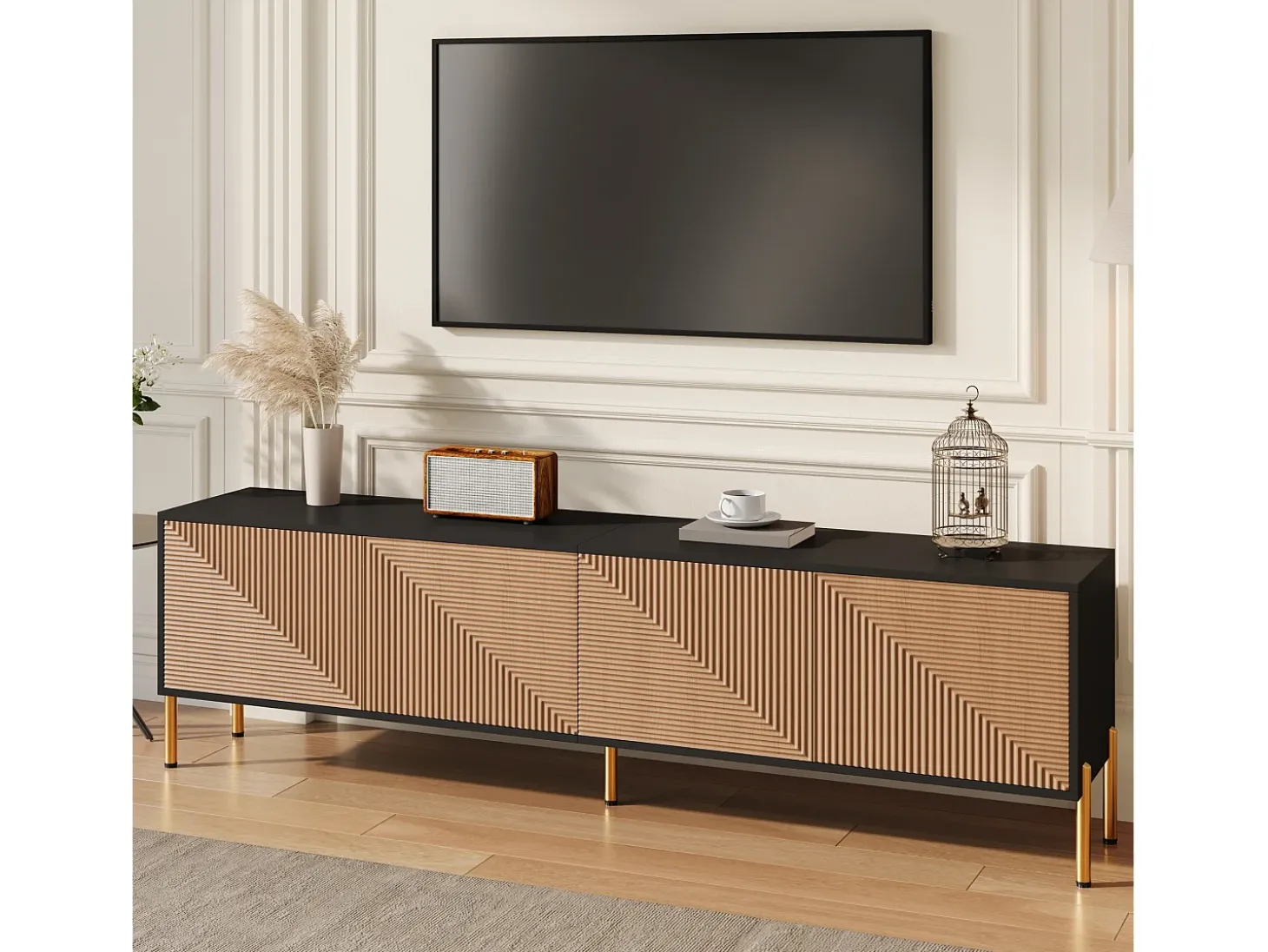 Móvel de TV moderno 179x35x53,5 cm - 4 portas - Pés de metal - Design sem puxadores - Painéis de partículas - Natural e preto