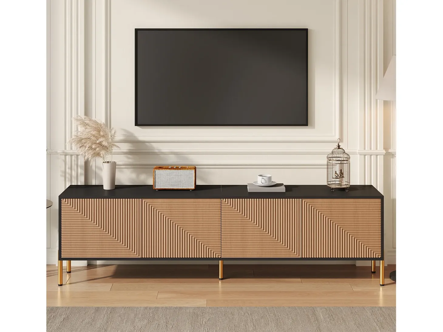Móvel de TV moderno 179x35x53,5 cm - 4 portas - Pés de metal - Design sem puxadores - Painéis de partículas - Natural e preto