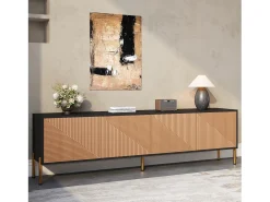 Móvel de TV moderno 179x35x53,5 cm - 4 portas - Pés de metal - Design sem puxadores - Painéis de partículas - Natural e preto