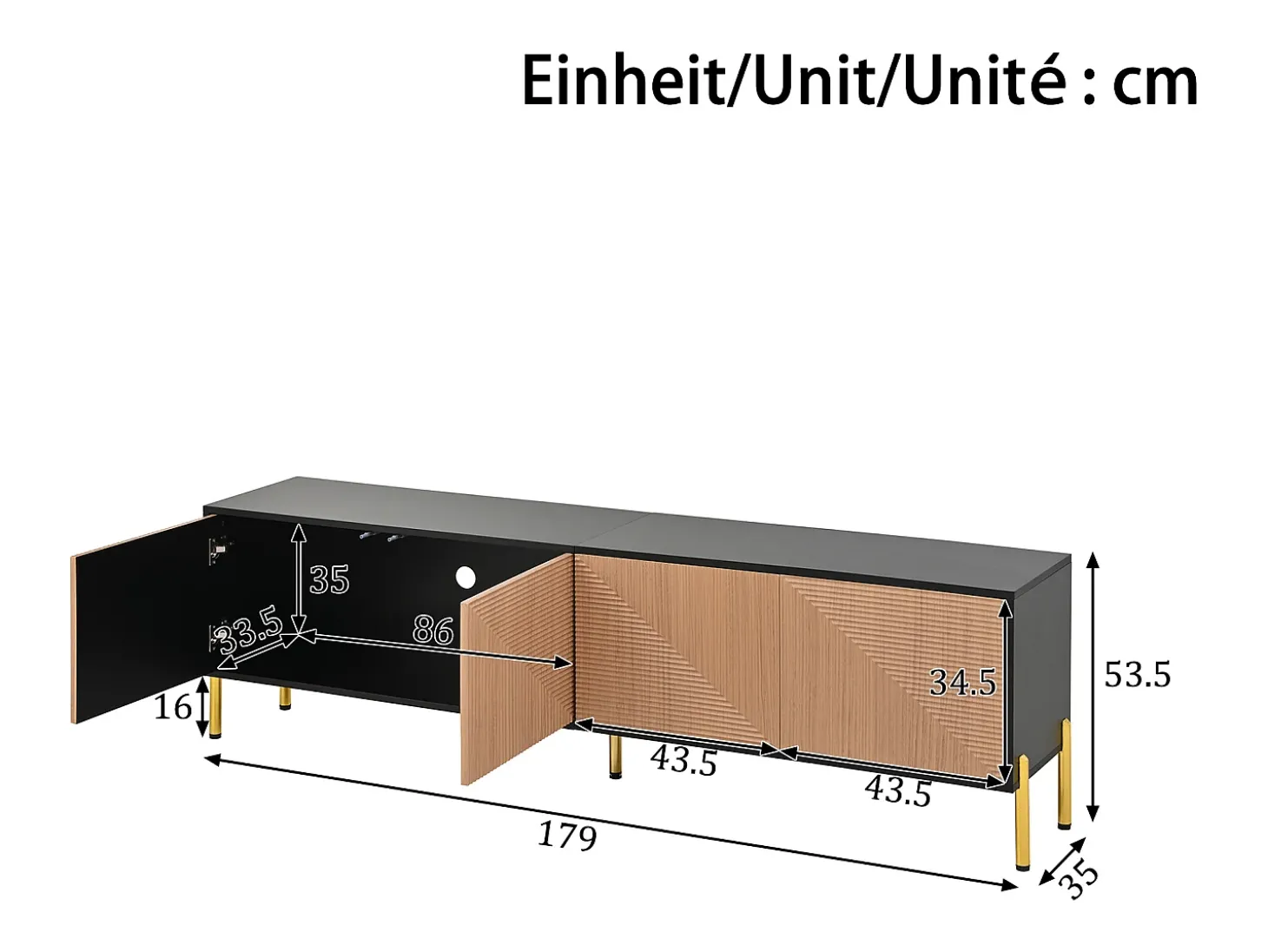 Móvel de TV moderno 179x35x53,5 cm - 4 portas - Pés de metal - Design sem puxadores - Painéis de partículas - Natural e preto