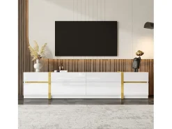 Móvel de TV moderno 180x40x38 cm - Acabamento brilhante - 4 gavetas e 2 portas - bordas douradas - MDF - branco