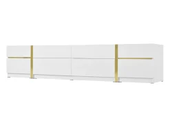 Móvel de TV moderno 180x40x38 cm - Acabamento brilhante - 4 gavetas e 2 portas - bordas douradas - MDF - branco