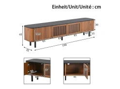 Móvel de TV moderno 190x35x45 cm - 4 portas de persiana - cantos arredondados - pés de ferro - MDF - marrom
