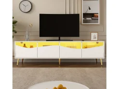 Móvel de TV moderno 180x40x50 cm - 4 gavetas - com iluminação LED - Pés de metal - Fachada de vidro - Branco