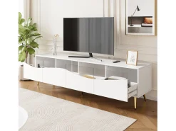 Móvel de TV moderno 180x40x50 cm - 4 gavetas - com iluminação LED - Pés de metal - Fachada de vidro - Branco