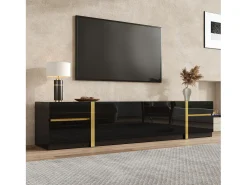 Móvel de TV moderno 180x40x38 cm - Acabamento brilhante - 4 gavetas e 2 portas - bordas douradas - MDF - preto