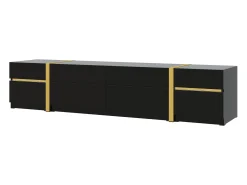 Móvel de TV moderno 180x40x38 cm - Acabamento brilhante - 4 gavetas e 2 portas - bordas douradas - MDF - preto