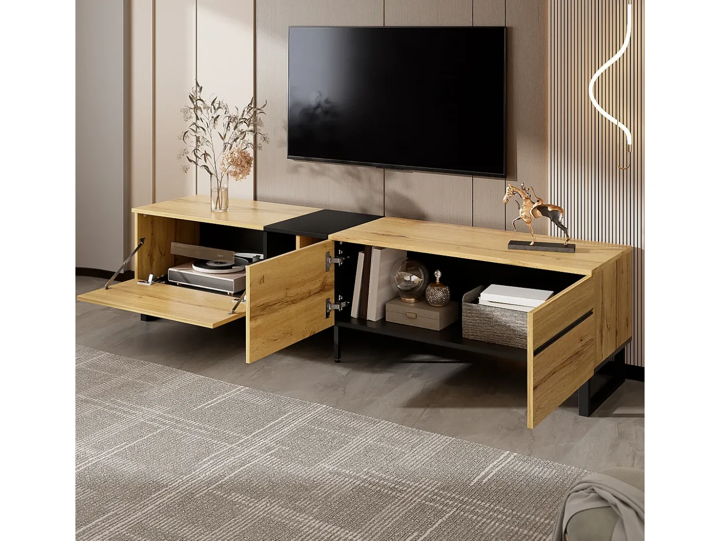 Móvel de TV moderno 180x38x45 cm - 3 portas - com prateleiras abertas - Natural