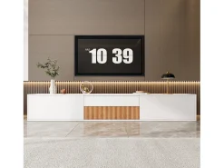 Móvel de TV moderno 180x34x30 cm - Fixação na parede/com pés - 3 portas - Prateleiras deslizantes - Painéis de partículas - Branco e natural