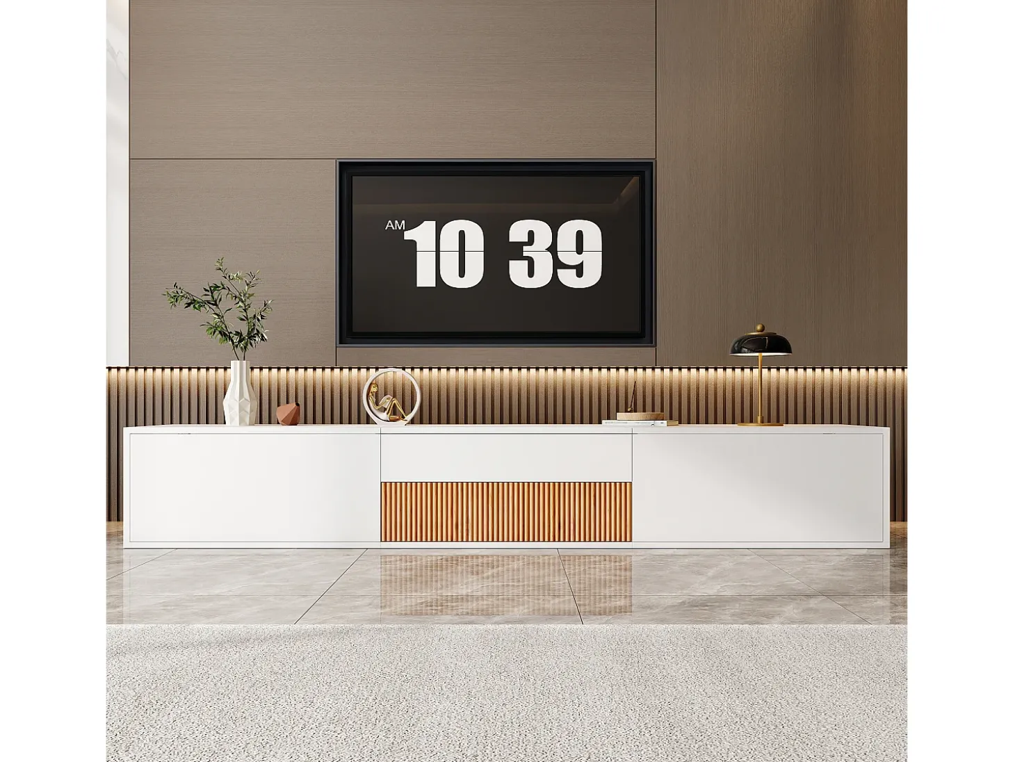 Móvel de TV moderno 180x34x30 cm - Fixação na parede/com pés - 3 portas - Prateleiras deslizantes - Painéis de partículas - Branco e natural