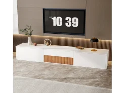 Móvel de TV moderno 180x34x30 cm - Fixação na parede/com pés - 3 portas - Prateleiras deslizantes - Painéis de partículas - Branco e natural