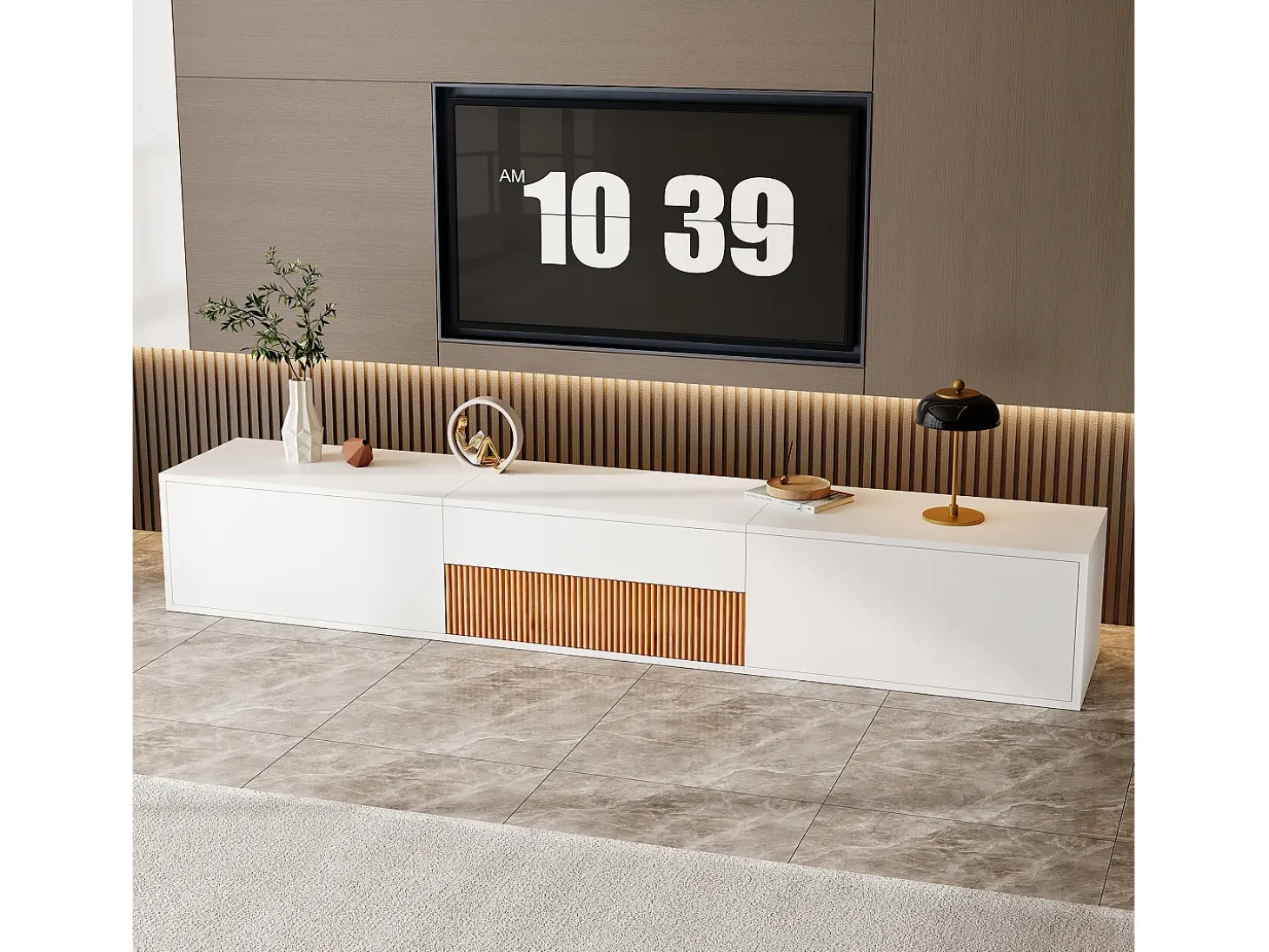 Móvel de TV moderno 180x34x30 cm - Fixação na parede/com pés - 3 portas - Prateleiras deslizantes - Painéis de partículas - Branco e natural