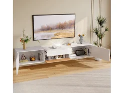 Móvel de TV moderno 180x34x30 cm - Fixação na parede/com pés - 3 portas - Prateleiras deslizantes - Painéis de partículas - Branco e natural