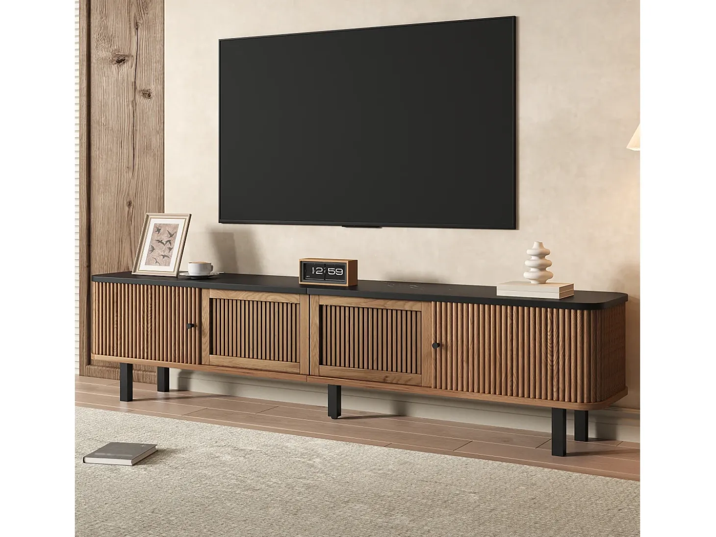 Móvel de TV moderno 190x35x45 cm - 2 portas de correr e 2 portas de tela metálica - Natural