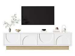 Móvel de TV moderno 175x40x42cm - design curvado - 4 portas - base com aparência de madeira - branco