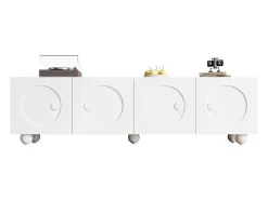 Móvel de TV moderno 180,5x38x50cm - 4 portas - Pés esféricos - MDF + painéis de partículas - Branco