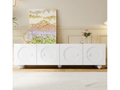 Móvel de TV moderno 180,5x38x50cm - 4 portas - Pés esféricos - MDF + painéis de partículas - Branco