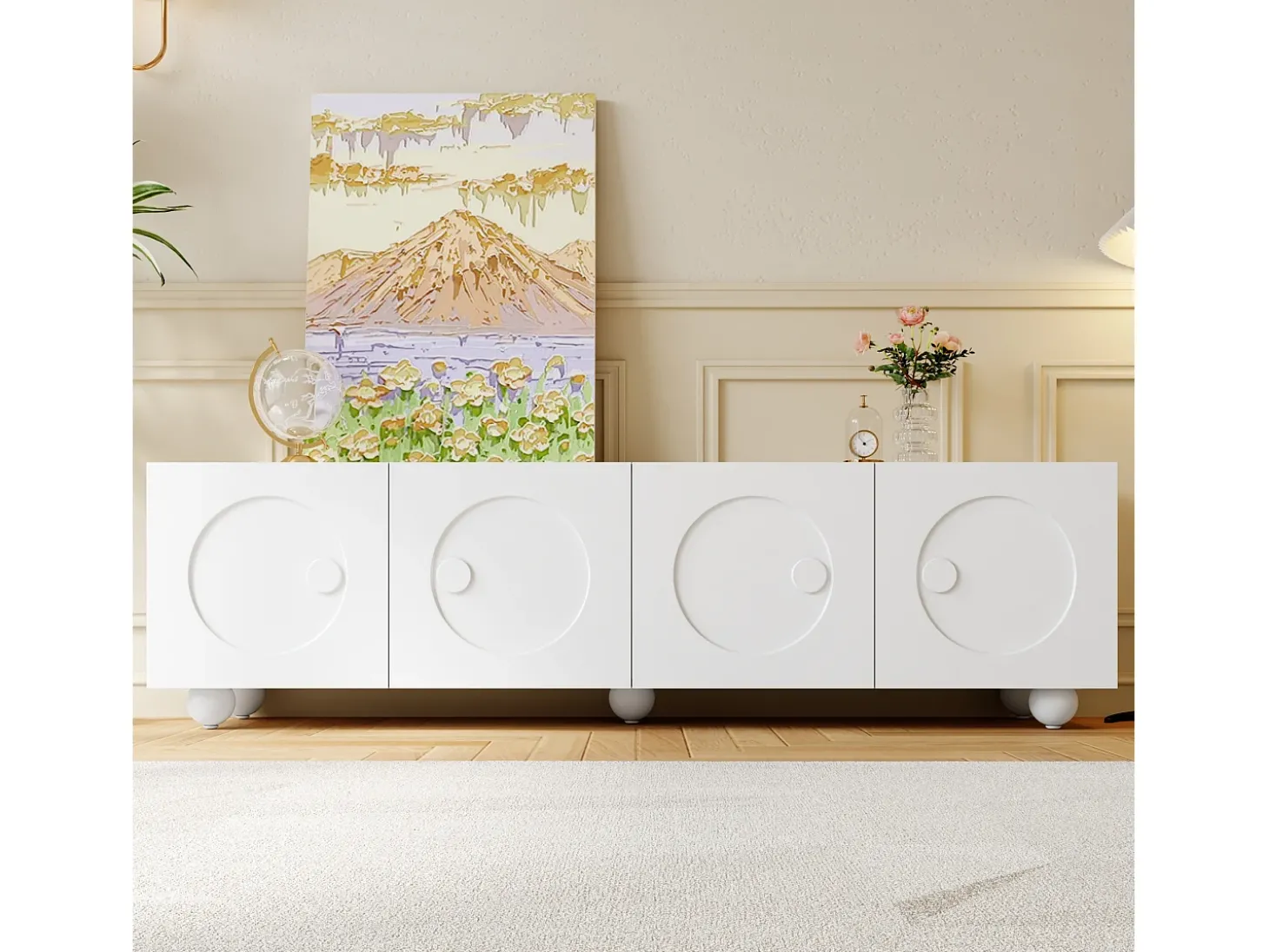 Móvel de TV moderno 180,5x38x50cm - 4 portas - Pés esféricos - MDF + painéis de partículas - Branco