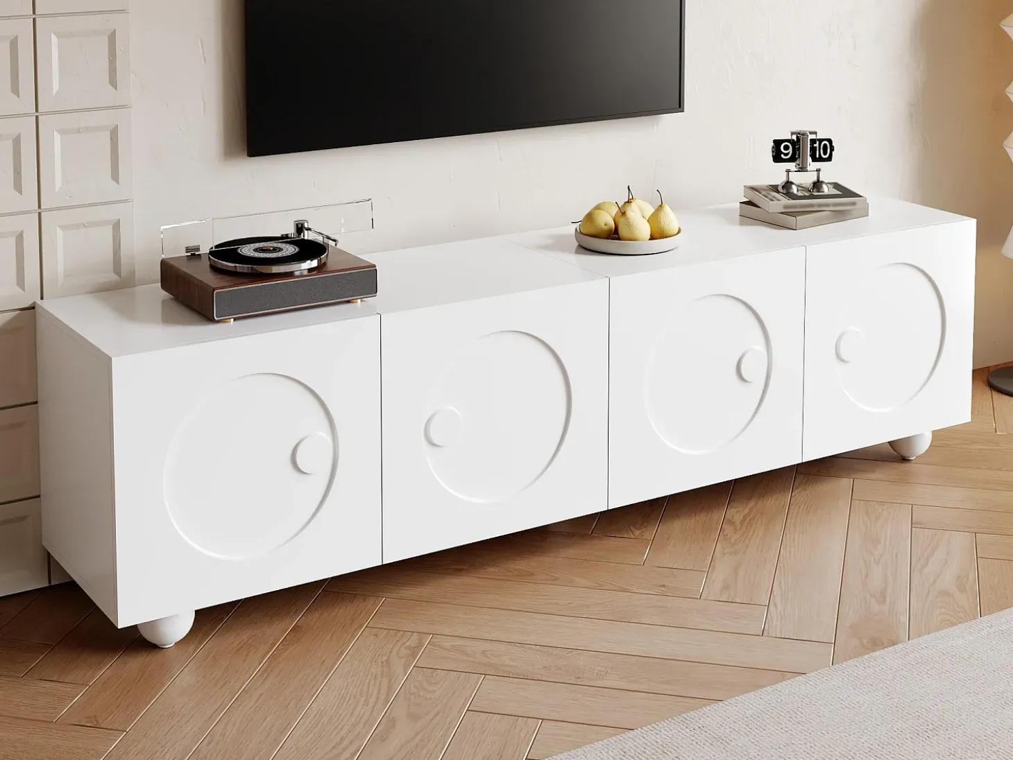 Móvel de TV moderno 180,5x38x50cm - 4 portas - Pés esféricos - MDF + painéis de partículas - Branco