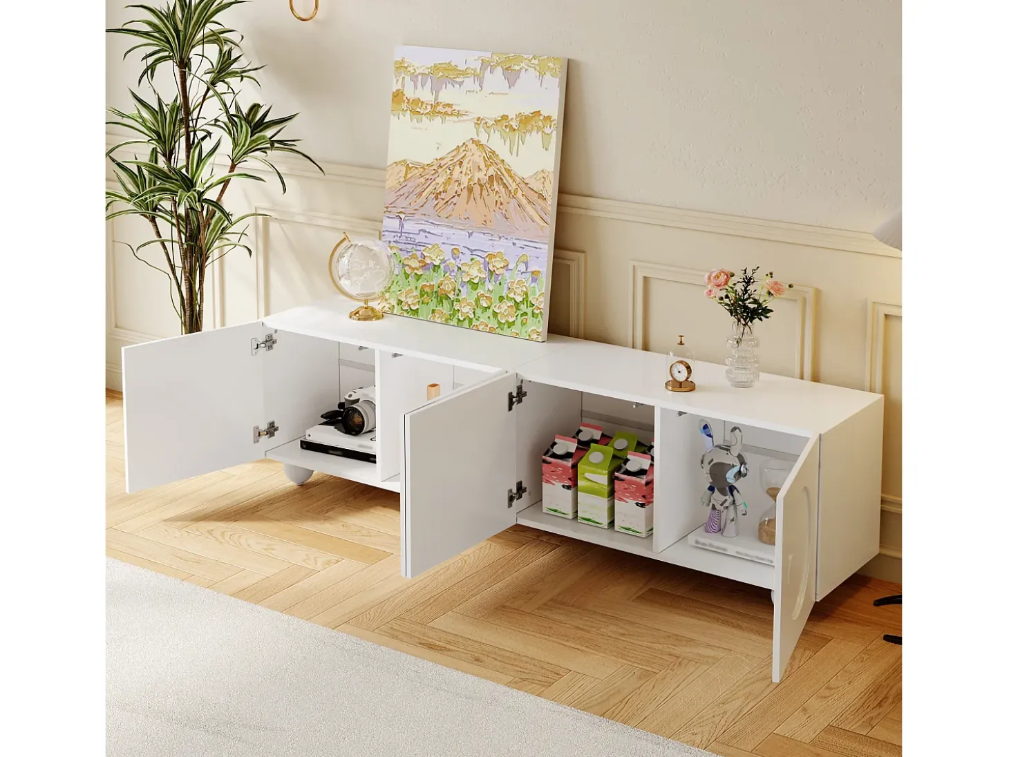 Móvel de TV moderno 180,5x38x50cm - 4 portas - Pés esféricos - MDF + painéis de partículas - Branco