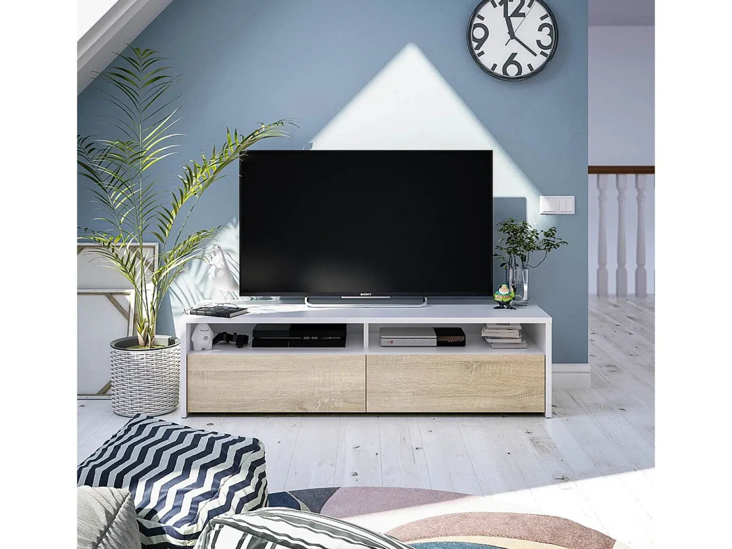 Móvel de TV multimídia com 2 portas sanfonadas, branco artik e carvalho canadense, 130 cm