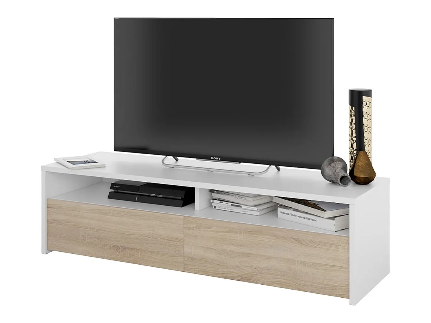 Móvel de TV multimídia com 2 portas sanfonadas, branco artik e carvalho canadense, 130 cm
