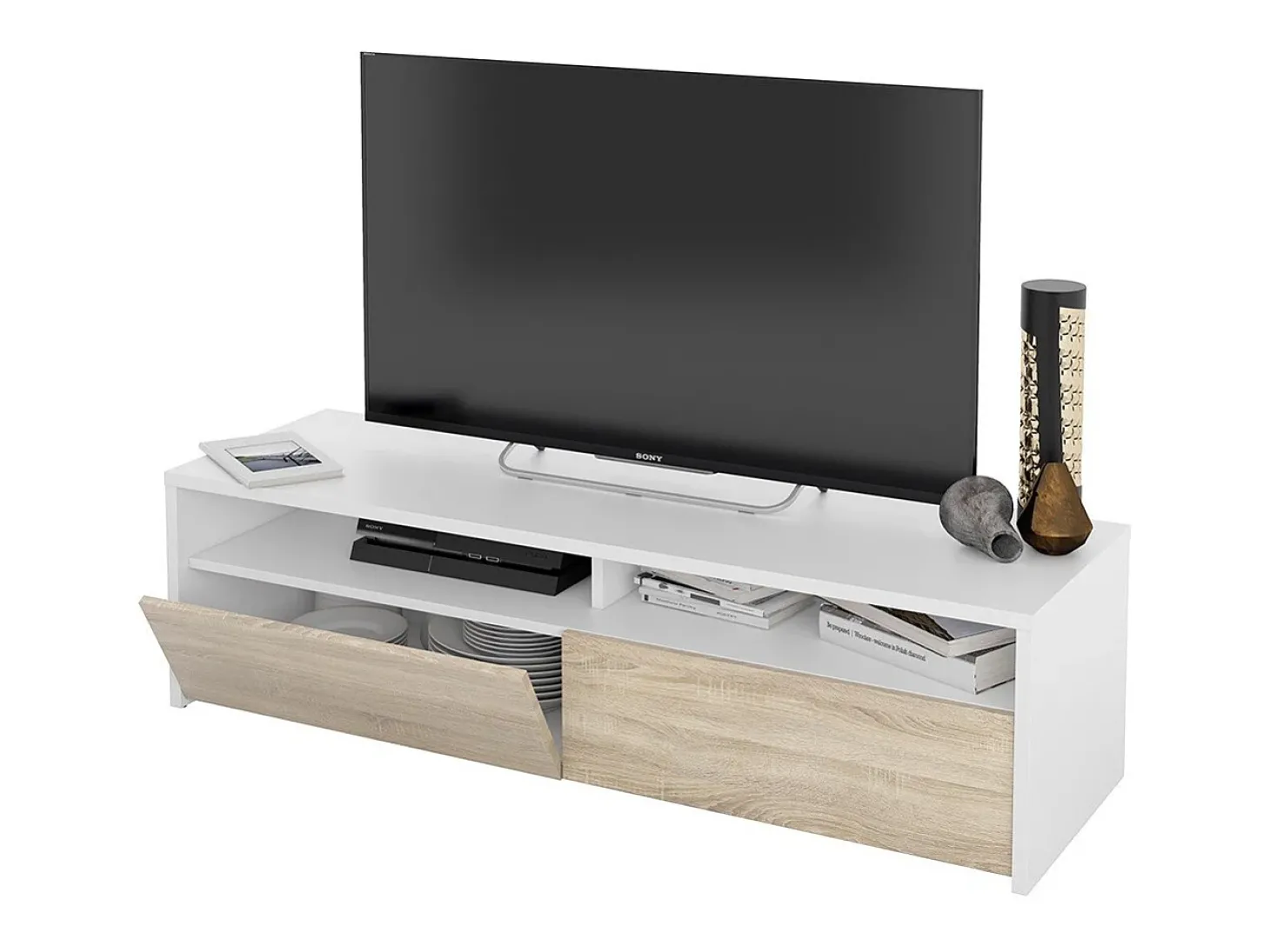 Móvel de TV multimídia com 2 portas sanfonadas, branco artik e carvalho canadense, 130 cm