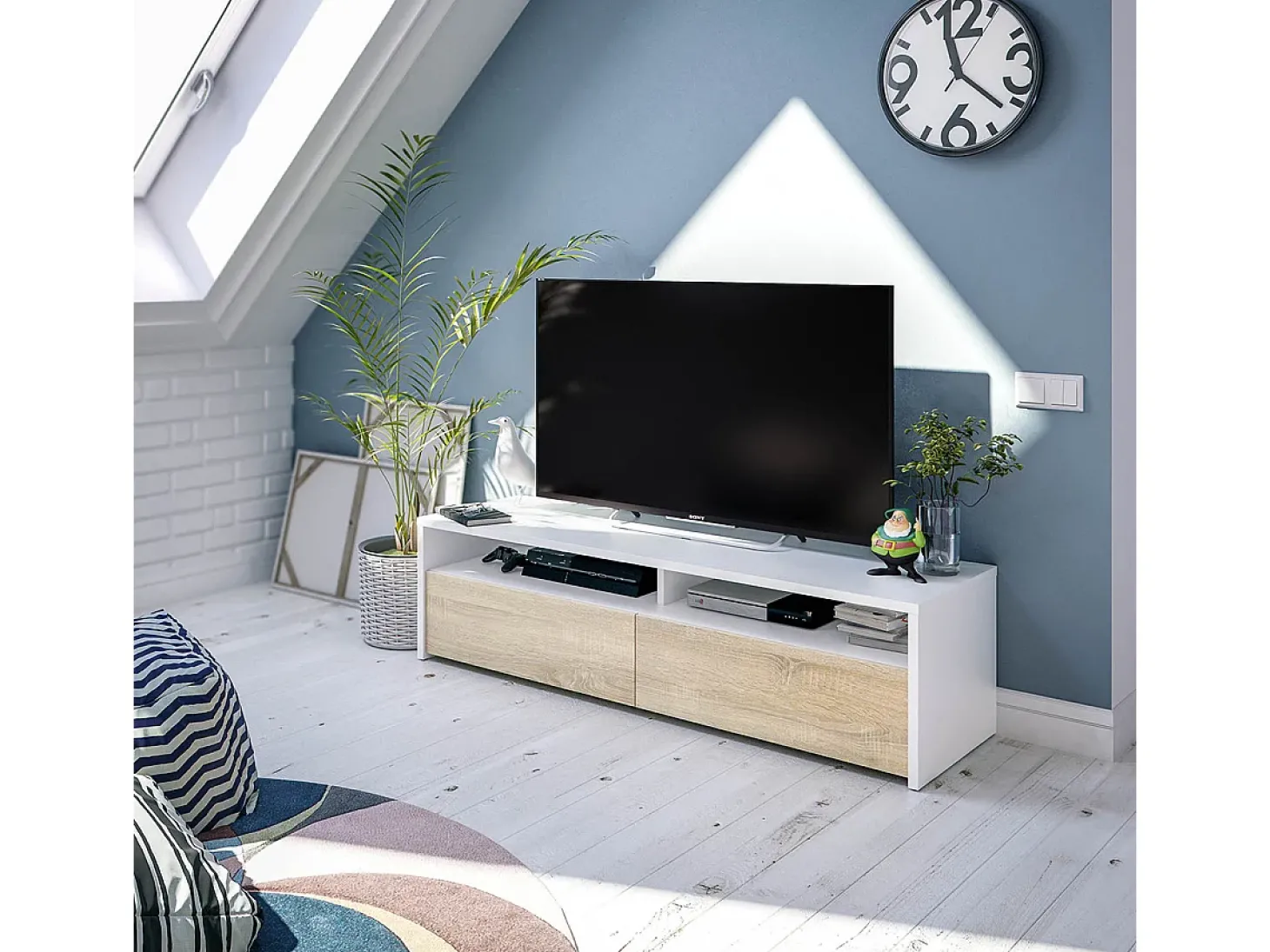 Móvel de TV multimídia com 2 portas sanfonadas, branco artik e carvalho canadense, 130 cm