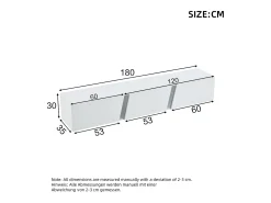 Móvel de TV mural 180x35x30cm - com 3 portas - com iluminação LED - para televisores de 75" - branco