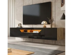 Móvel de TV mural 180x37x36cm - com 2 portas - com iluminação LED - para televisor de 75" - preto e natural
