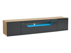 Móvel de TV mural 180x37x36cm - com 2 portas - com iluminação LED - para televisor de 75" - preto e natural