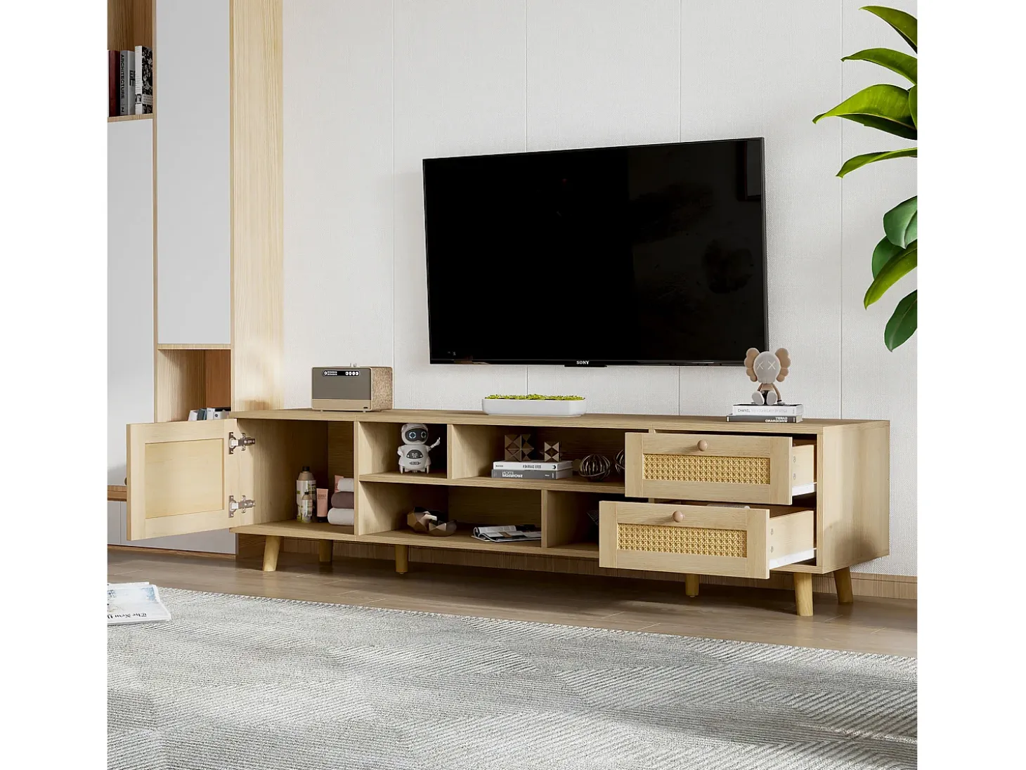 Móvel de TV, Móvel de TV de 160 cm com 2 gavetas, 1 porta e 4 compartimentos, Para TVs até 70", Carvalho