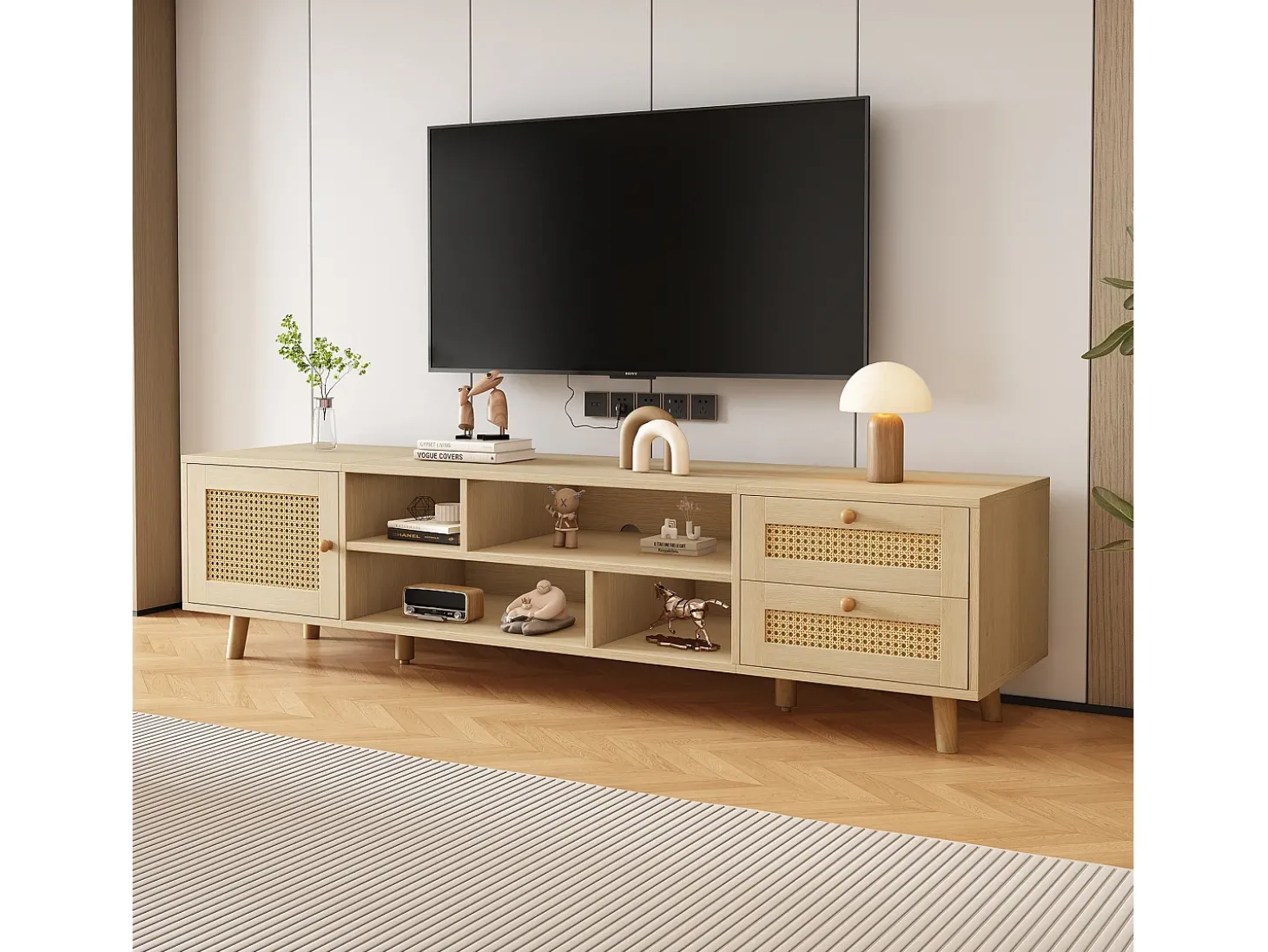 Móvel de TV, Móvel de TV de 160 cm com 2 gavetas, 1 porta e 4 compartimentos, Para TVs até 70", Carvalho