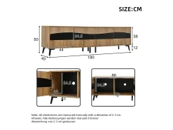 Móvel de TV natural e preto com 4 portas, tampo em madeira 180x40x50cm