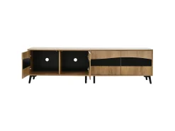 Móvel de TV natural e preto com 4 portas, tampo em madeira 180x40x50cm