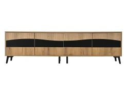 Móvel de TV natural e preto com 4 portas, tampo em madeira 180x40x50cm