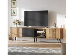 Móvel de TV natural e preto com 3 portas e 1 divisória em vidro, design com textura de madeira 175x31,5x45cm