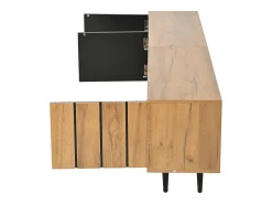 Móvel de TV natural e preto com 3 portas e 1 divisória em vidro, design com textura de madeira 175x31,5x45cm