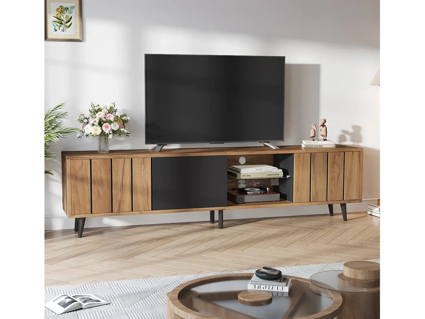 Móvel de TV natural e preto com 3 portas e 1 divisória em vidro, design com textura de madeira 175x31,5x45cm
