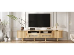 Móvel de TV oval com 2 gavetas de vime + 2 portas de correr - 170 x 40 x 40 cm - MDF + metal - natural
