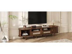 Móvel de TV oval com 2 gavetas de vime + 2 portas de correr - 170 x 40 x 40 cm - MDF + metal - natural escuro