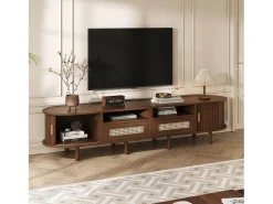 Móvel de TV oval com 2 gavetas de vime + 2 portas de correr - 170 x 40 x 40 cm - MDF + metal - natural escuro
