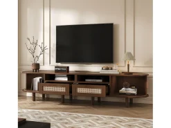 Móvel de TV oval com 2 gavetas de vime + 2 portas de correr - 170 x 40 x 40 cm - MDF + metal - natural escuro