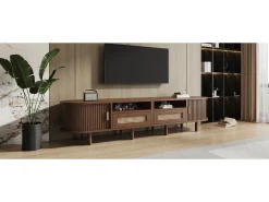 Móvel de TV oval com 2 gavetas de vime + 2 portas de correr - 170 x 40 x 40 cm - MDF + metal - natural escuro