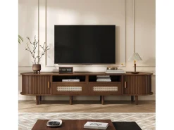 Móvel de TV oval com 2 gavetas de vime + 2 portas de correr - 170 x 40 x 40 cm - MDF + metal - natural escuro