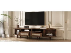 Móvel de TV oval com 2 gavetas de vime + 2 portas de correr - 170 x 40 x 40 cm - MDF + metal - natural escuro
