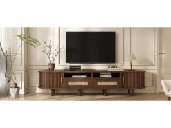 Móvel de TV oval com 2 gavetas de vime + 2 portas de correr - 170 x 40 x 40 cm - MDF + metal - natural escuro