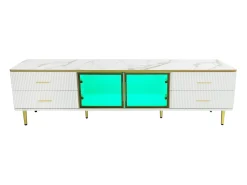 Móvel de TV para sala com 2 portas e 4 gavetas - LEDs - aspecto mármore - vidro marrom e metal dourado - branco