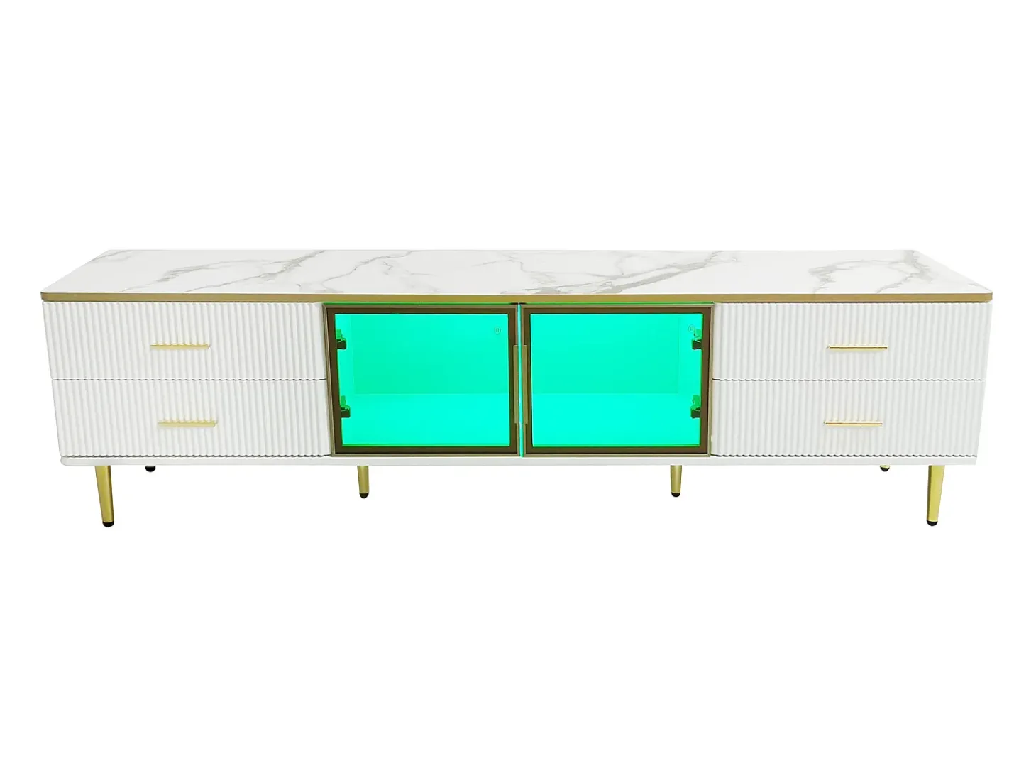 Móvel de TV para sala com 2 portas e 4 gavetas - LEDs - aspecto mármore - vidro marrom e metal dourado - branco