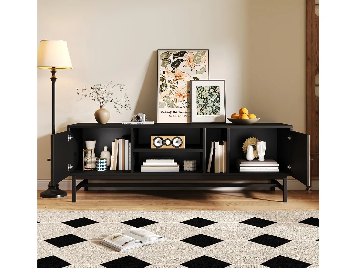 Móvel de TV preto e natural com 2 portas, pés em metal, portas com efeito de madeira, 150 x 38 x 55 cm